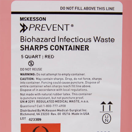 Sharps Container McKesson Prevent® Translucent Red Base 10-3/4 H X 10-1/2 W X 4-3/4 D Inch Horizontal Entry 1.25 Gallon